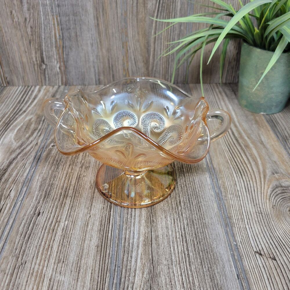 Antique Dugan Question Marks Marigold Carnival Bon Bon Dish 2 Handled